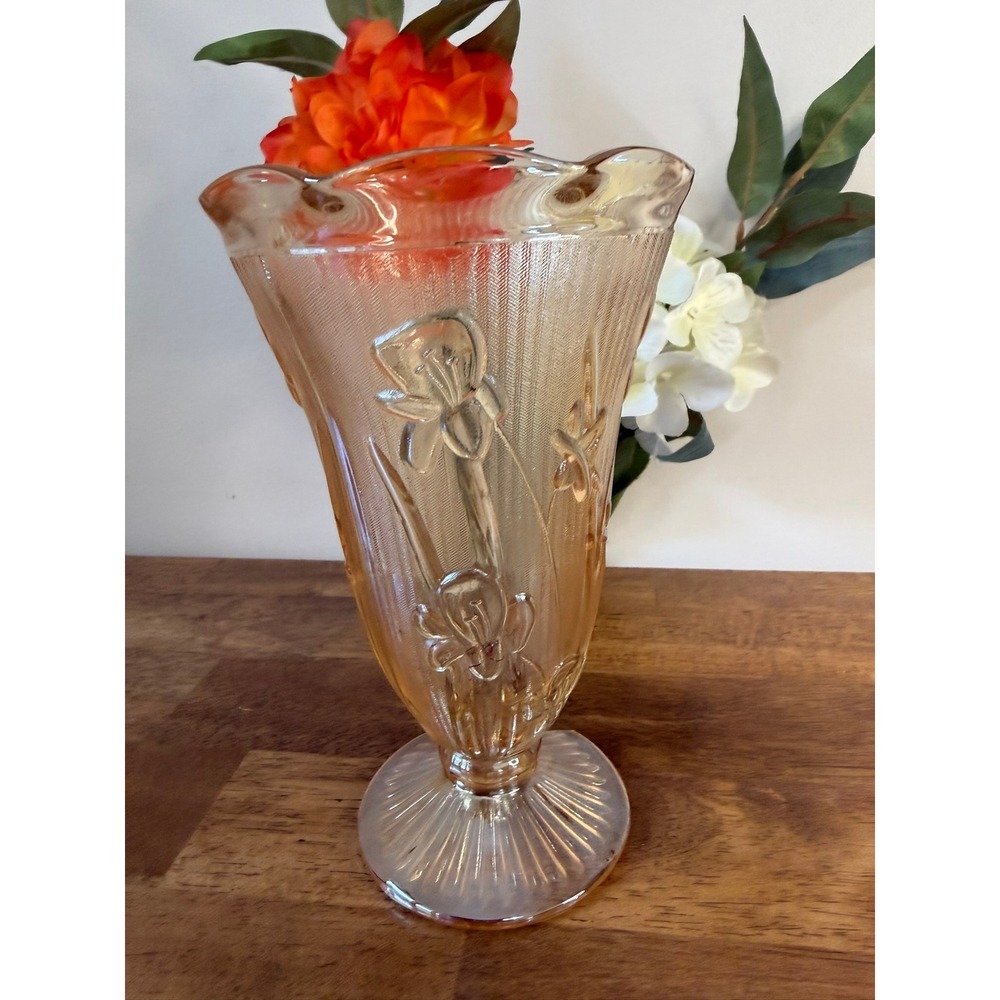 Vintage Jeannette Glass Iris Herringbone Marigold Carnival Glass Footed Vase